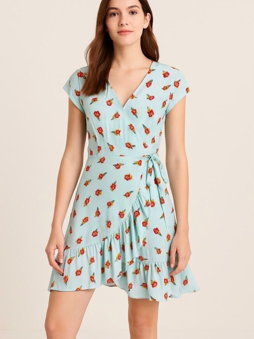 J. Crew Light Blue Floral Faux Wrap Dress with Red Roses